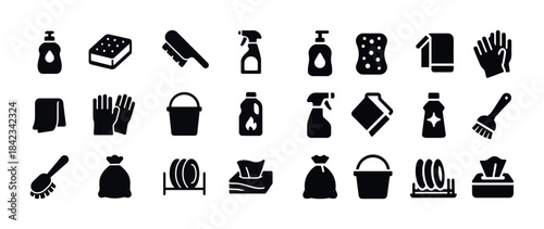 Collection of cleaning product icons: detergent, sponge, spray,
