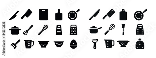 Kitchen utensils silhouette set: knives, pans, graters, whisks,