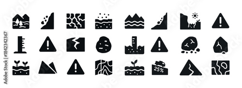 Set of earthquake and natural disaster icons representing variou
