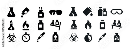 Chemical safety icons: lab equipment, hazard signs, protective g