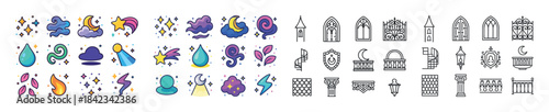 Colorful weather and architecture icons set with decorative elem