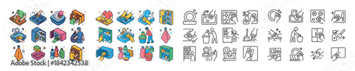 Colorful isometric and line art icons for home, office, and well