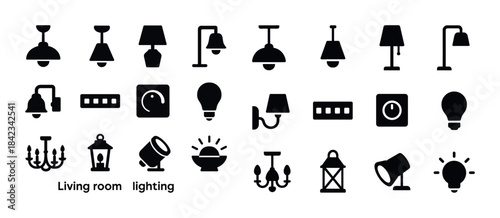 Set of various home lighting icons including lamps and chandelie