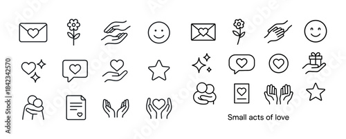 Simple love icons: hearts, stars, hugs, gifts, and flowers in mi