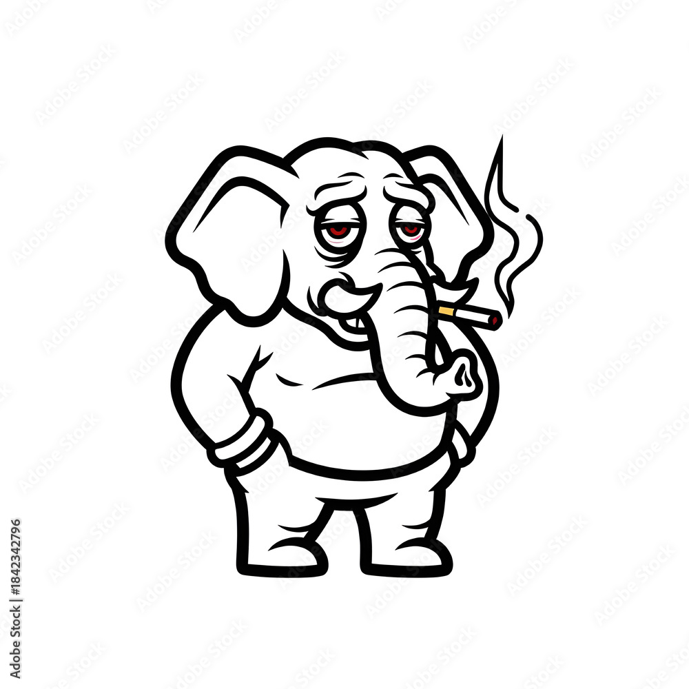 Fototapeta premium Moody Cartoon Elephant Character – Black and White Mascot Illustration