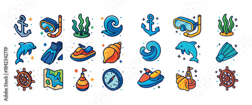 Colorful nautical icon set featuring marine life and water activ