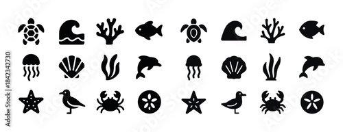 Marine icons: sea animals, plants, and waves silhouettes collect