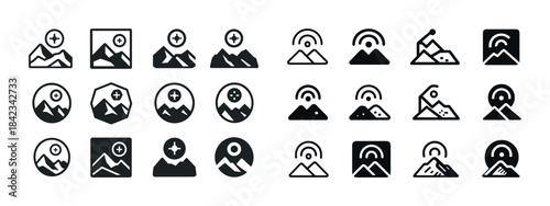 Mountain icon set: minimalist designs with sun, location, and zo