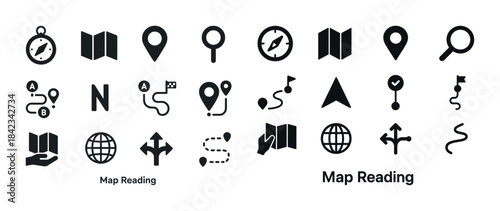 Navigation icons set: map, compass, location, gps, routes