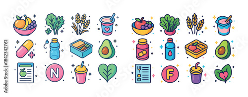 Colorful healthy food and drink icons including fruits, vegetabl