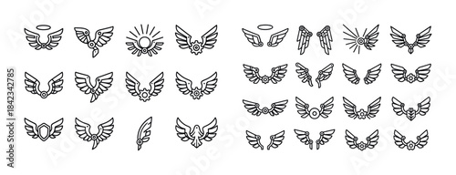 Collection of angel wing icons with halos and feathers