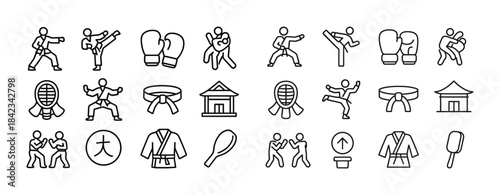 Martial arts icons set: kicking, boxing, judo, kendo, uniforms,
