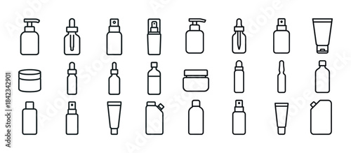 Black outline icons of various cosmetic and skincare product con
