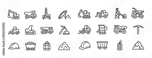 Mining equipment and tools icon set: excavators, trucks, helmets