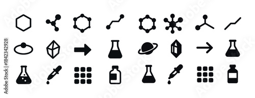 Scientific icons set: molecules, beakers, atoms, chemical struct