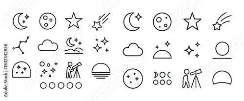 Astronomy icons set: stars, moons, telescopes, clouds, constella