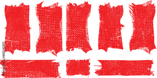 Red Stamp texture grunge set. Rolled ink texture. Organic overlay highlight . Vector grainy letterpress texture .Screen print texture.