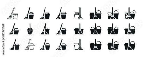 Set of cleaning tools icons including mops and buckets in variou