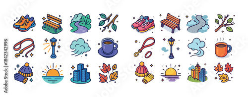Colorful autumn and city life icon set with nature and everyday