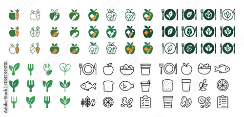 Healthy food icons: fruits, vegetables, fish, bread, and cutlery