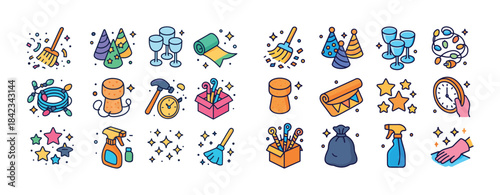 Colorful festive cleaning supplies and celebration icons