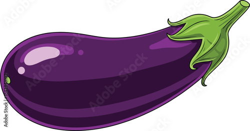 A realistic vector illustration of a fresh, shiny purple eggplant with a green calyx, symbolizing healthy vegetable food, organic farming, and vegan diet concepts