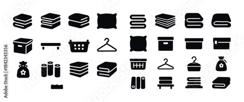 Set of household item icons: storage, laundry, and organization