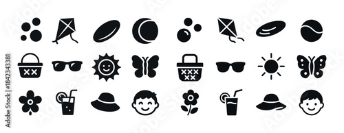 Summer icons set: kites, sunglasses, sun, flowers, and more
