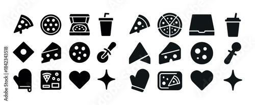 Pizza icons set: slices, beverages, tools, and boxes