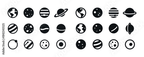 Icons of planetary system: simple black silhouettes of solar sys