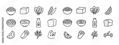 Outline icons of healthy foods: fruits, vegetables, protein, gra