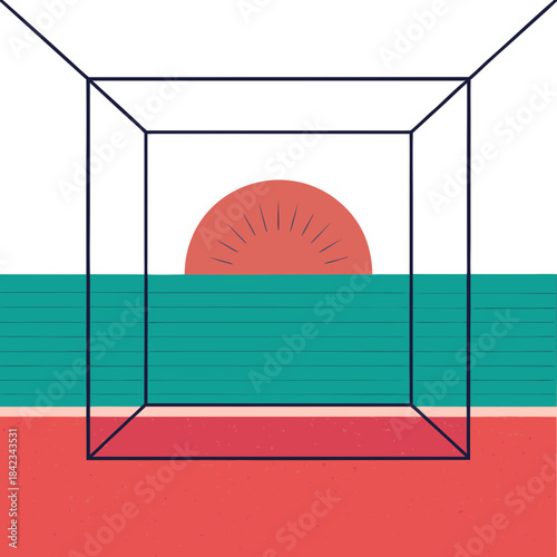 Clean modern sun rising inside structured frame vector illustration