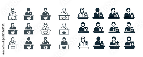 Diverse pharmacy and medical icons set featuring pharmacists and