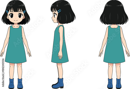 A full-length anime/manga style character sheet vector featuring a cute girl with short black hair and a teal dress, shown from front, side, and back views, ideal for animation projects