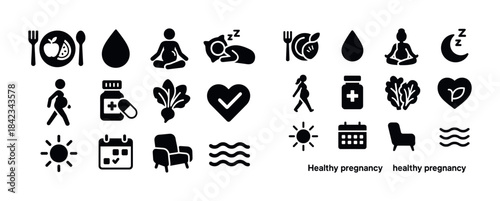Healthy lifestyle and pregnancy icons: nutrition, relaxation, fi
