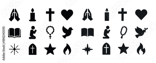Religious symbols collection: praying hands, crosses, candles, a