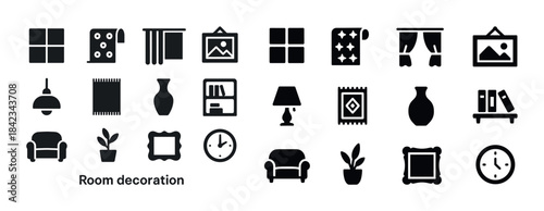 Home decor icons: furniture, wall art, lighting, vases, clocks,