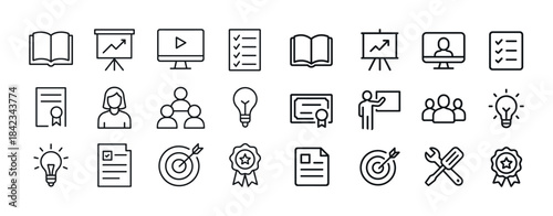 Set of editable outline icons for business and education concept