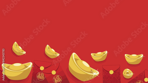 Golden ingots and red envelopes on a vibrant red background, symbolizing prosperity and good fortune for Chinese New Year celebrations.