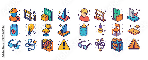 Colorful icon set for workplace safety and office environments