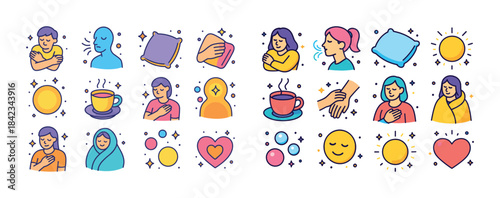 Colorful self-care icons with diverse people and soothing elemen