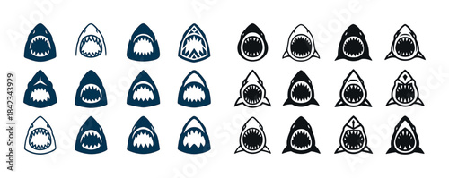 Shark head icons collection: various styles and colors in rows