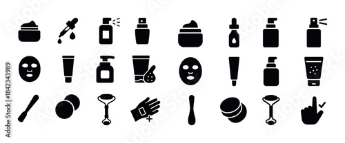 Silhouette icons of skincare products and tools in various shape