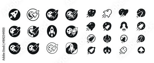 Collection of rocket icons with space themes in monochrome desig
