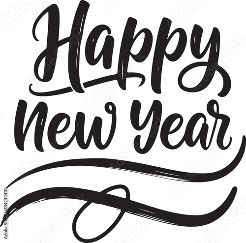 Minimalist elegant calligraphy Happy New Year design in bold charcoal black script on pure white background with modern refined celebratory typography