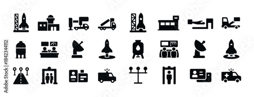 Space exploration and satellite communication icons set
