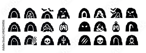 Set of creepy black icons featuring ghouls, skulls, and haunted
