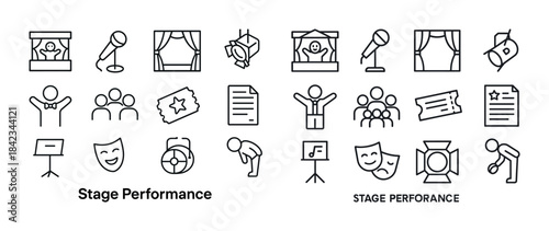 Icon set: stage performance elements including microphone, curta