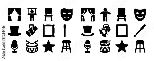 Theater and performance icons: masks, microphones, curtains, dru