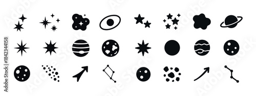 Space icons set: stars, planets, galaxies, constellations, aster